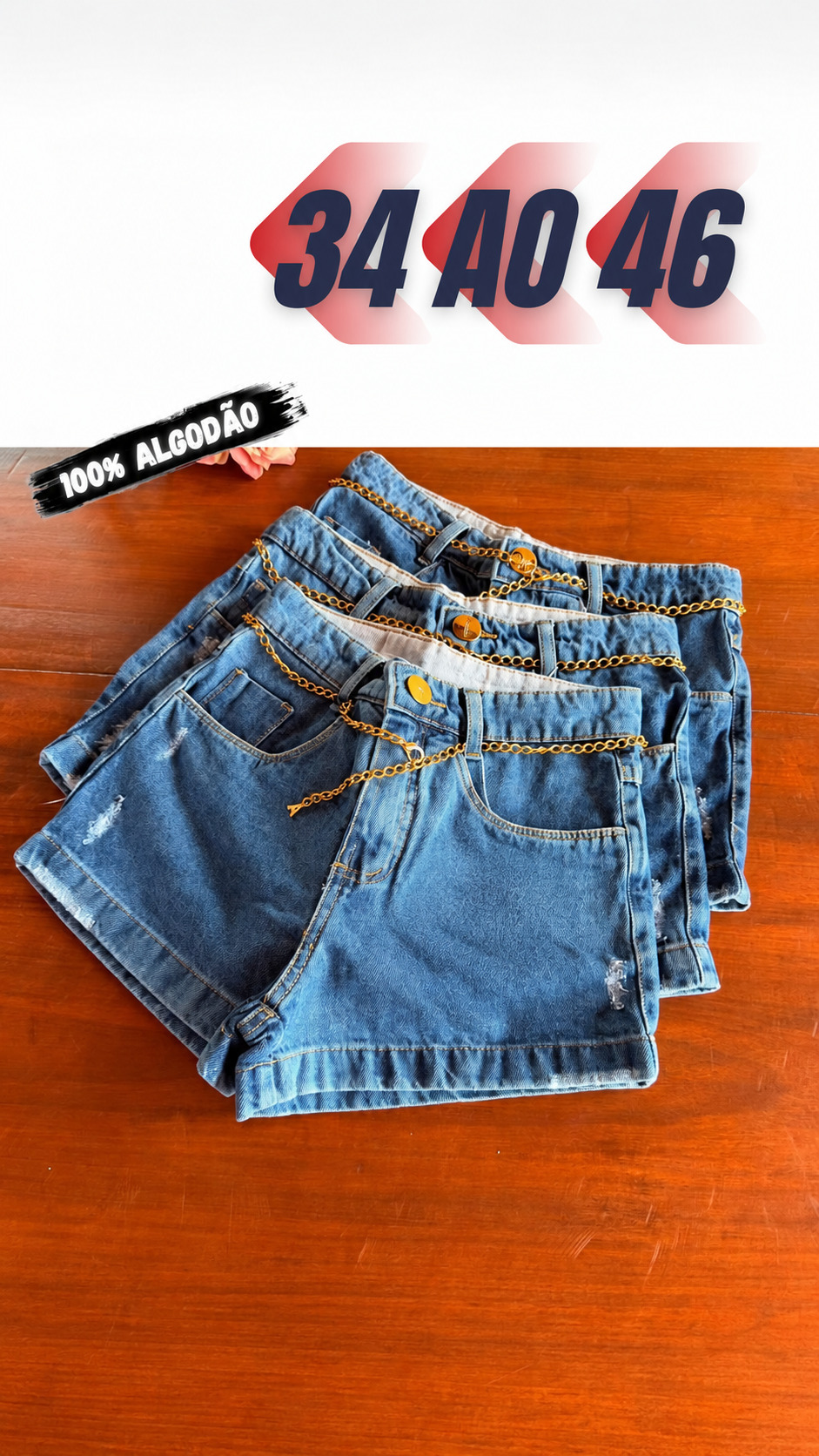 Short Jeans Feminino Cintura Alta com Corrente
