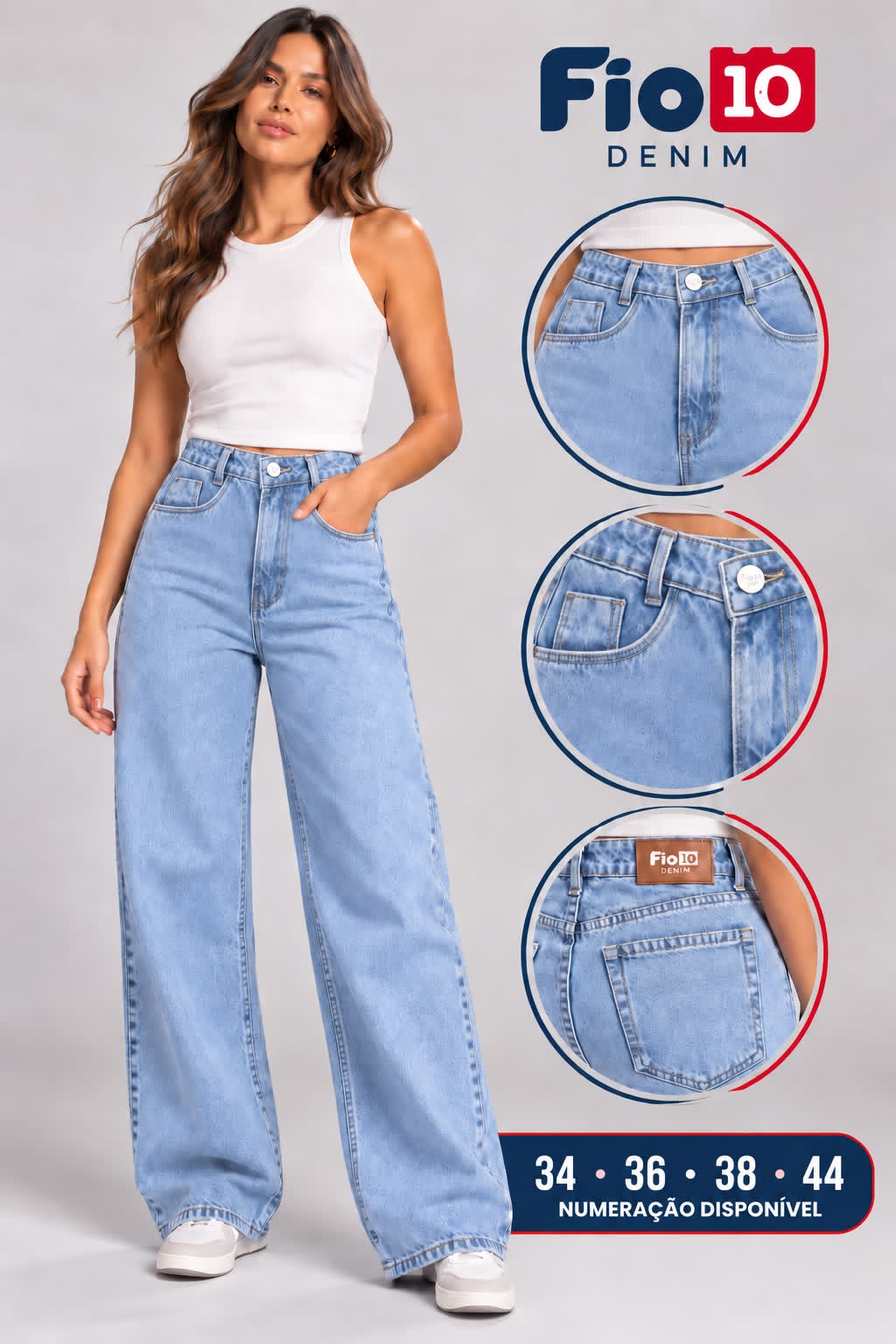 Calça Jeans Wide Leg Feminina Azul Claro Fio10