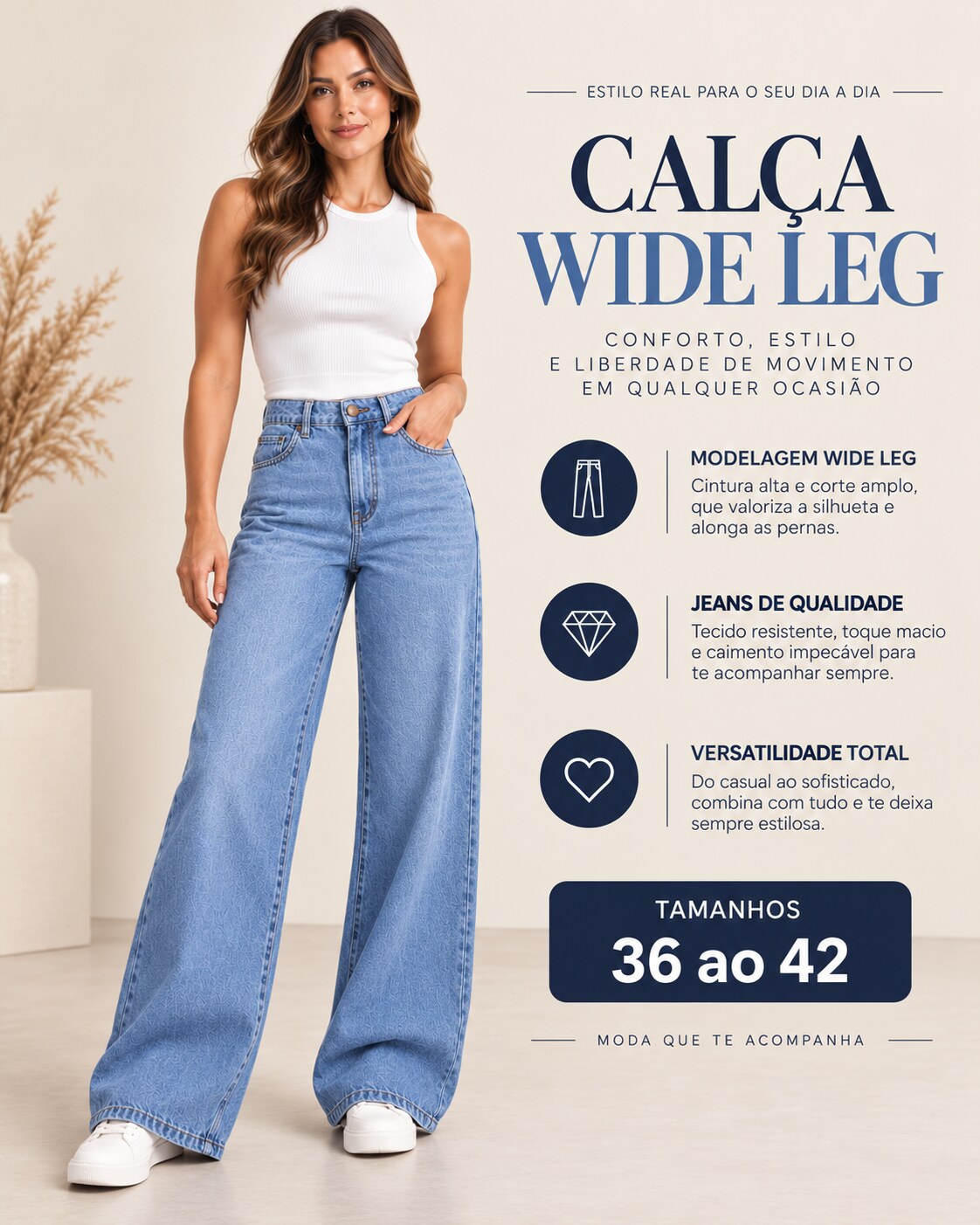 Calça Jeans Wide Leg Feminina Cintura Alta Azul-Claro