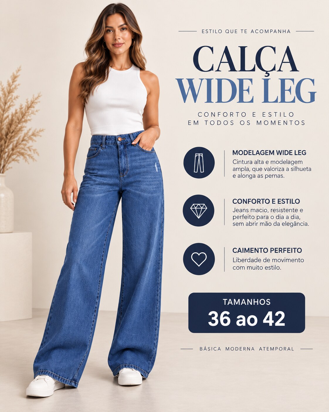 Calça Jeans Wide Leg Feminina Cintura Alta Azul-Escuro