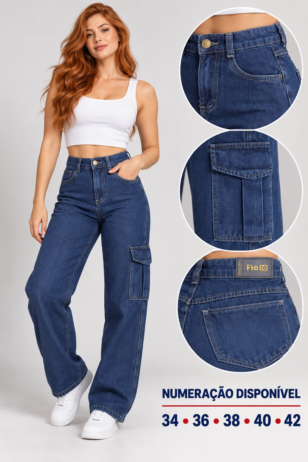 Calça Jeans Wide Leg Cargo Azul Escuro Fio10