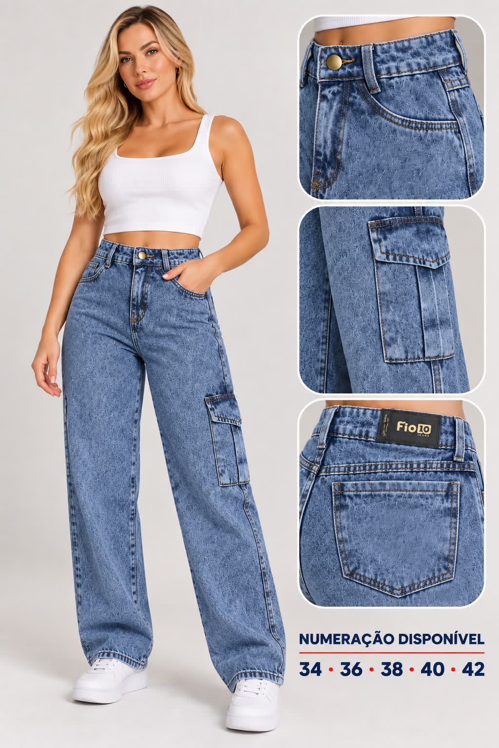 Calça Jeans Wide Leg Cargo Azul Estonado Fio10