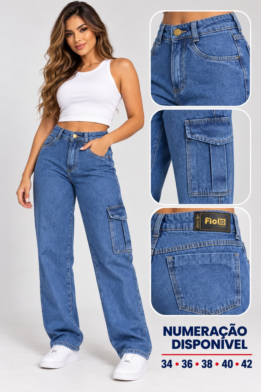 Calça Jeans Wide Leg Cargo Azul Médio Fio10