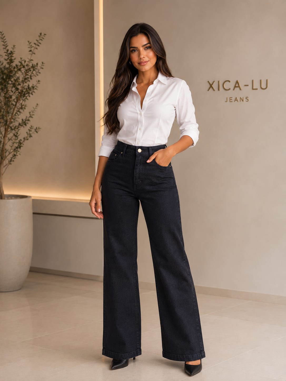 Calça Jeans Feminina Wide Leg Preta