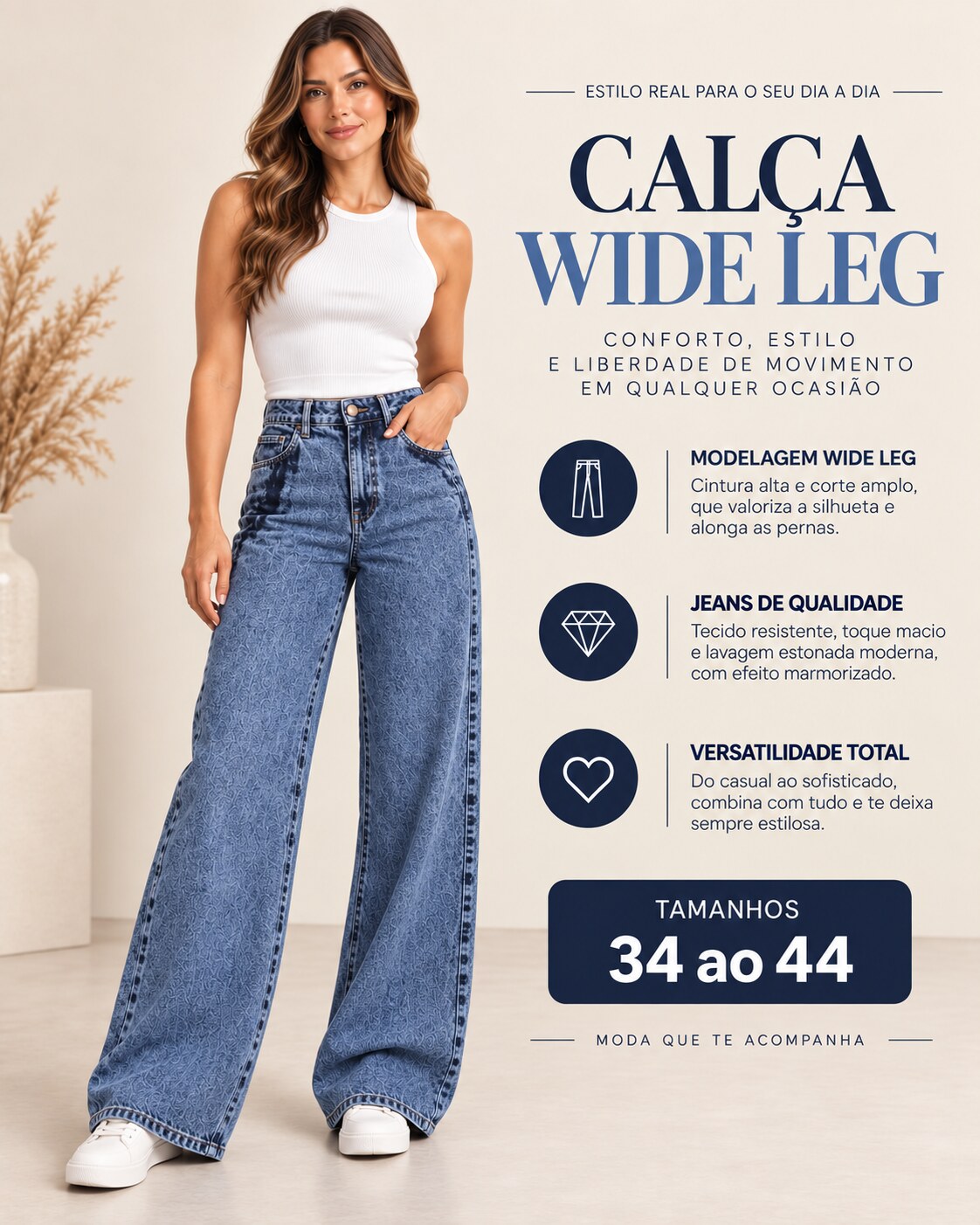 Calça Jeans Wide Leg Feminina Cintura Alta Preto Mesclado